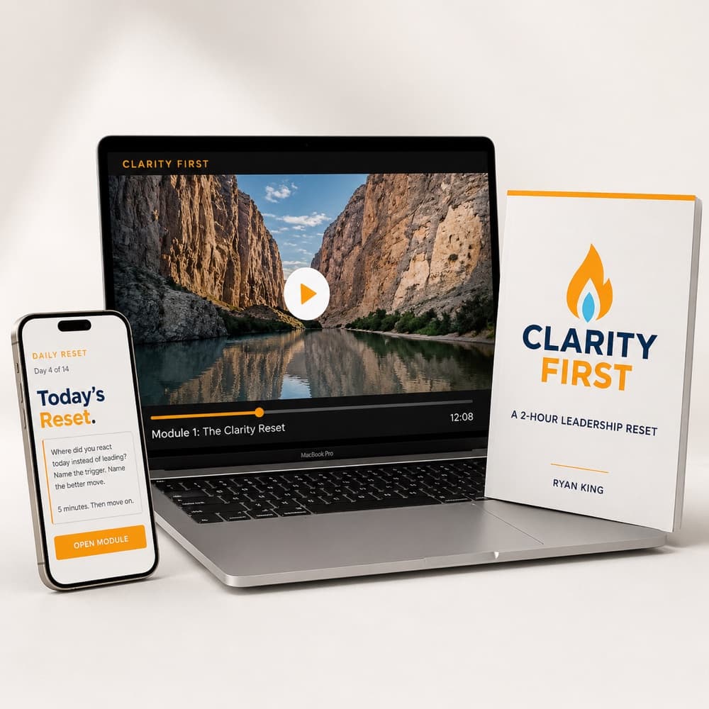 Clarity First product mockup: laptop, phone, and workbook