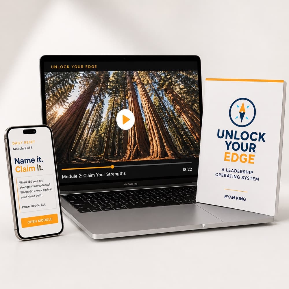 Unlock Your Edge product mockup: laptop, phone, and workbook