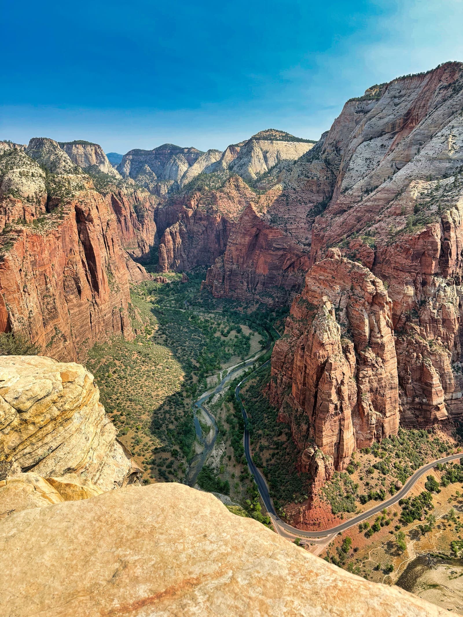 Looking down Zion Canyon from the top of Angels Landing, the river and road far below